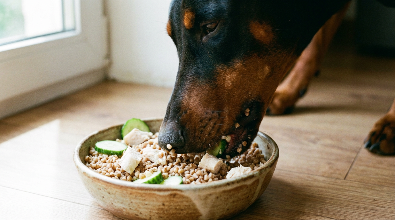 Крупный план: доберман ест из керамической миски гречневую кашу с огурцом и варёной курицей