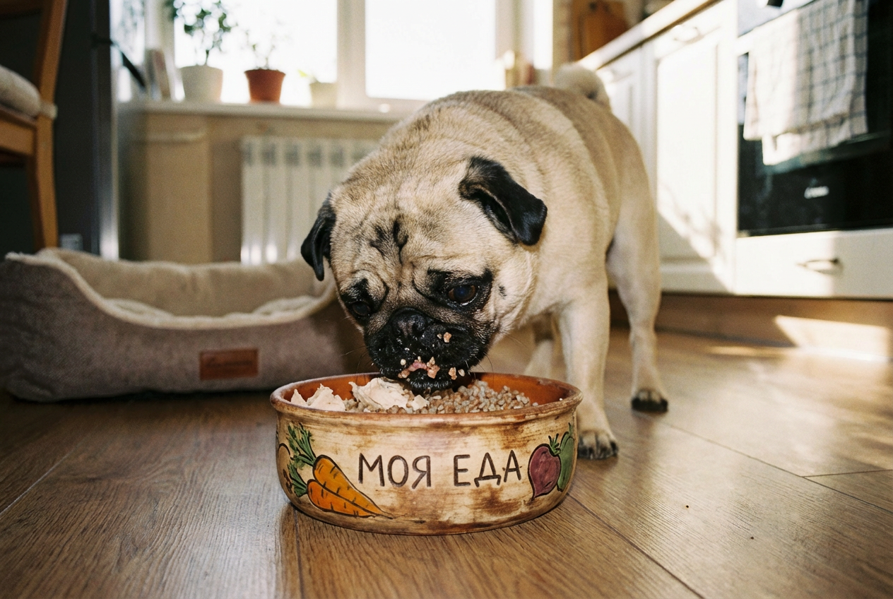 Мопс ест варёную курицу и гречку из керамической миски