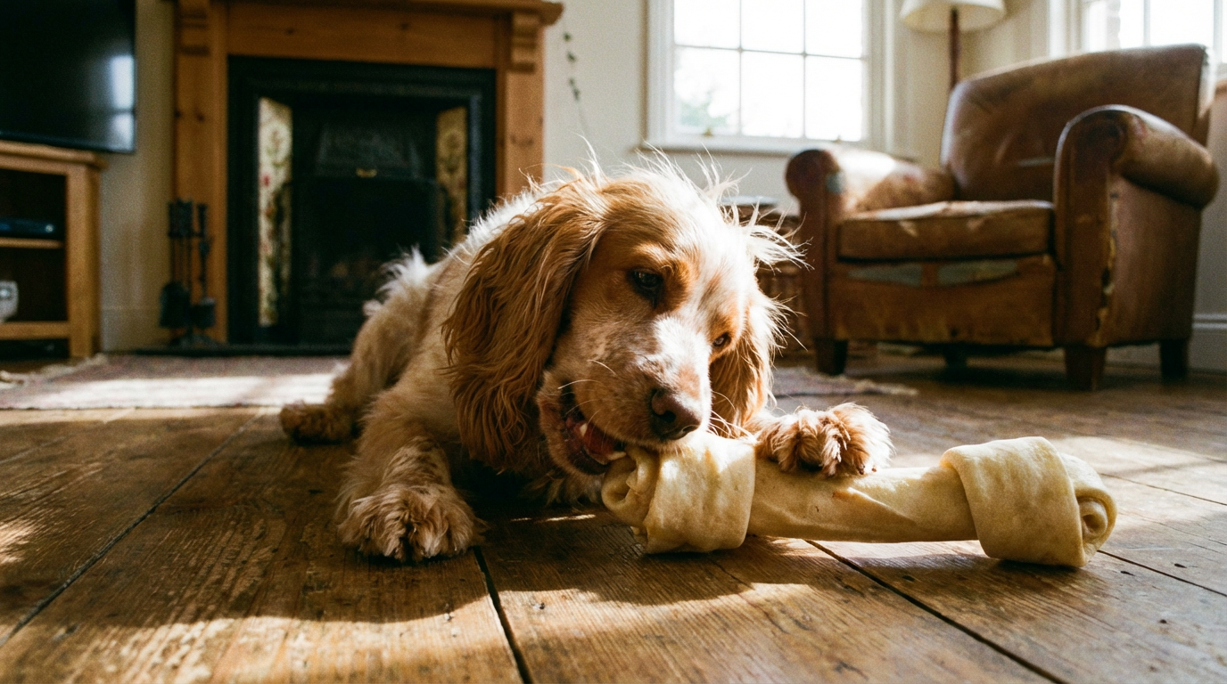 Спаниель ест кость из жил в домашней обстановке — иллюстрация раздела о натуральных лакомствах и безопасном жевании у собак