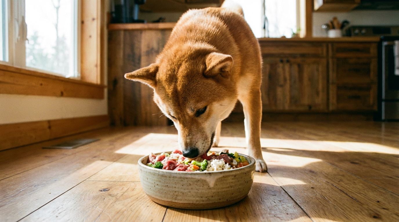 Собака ест натуральную пищу из керамической миски