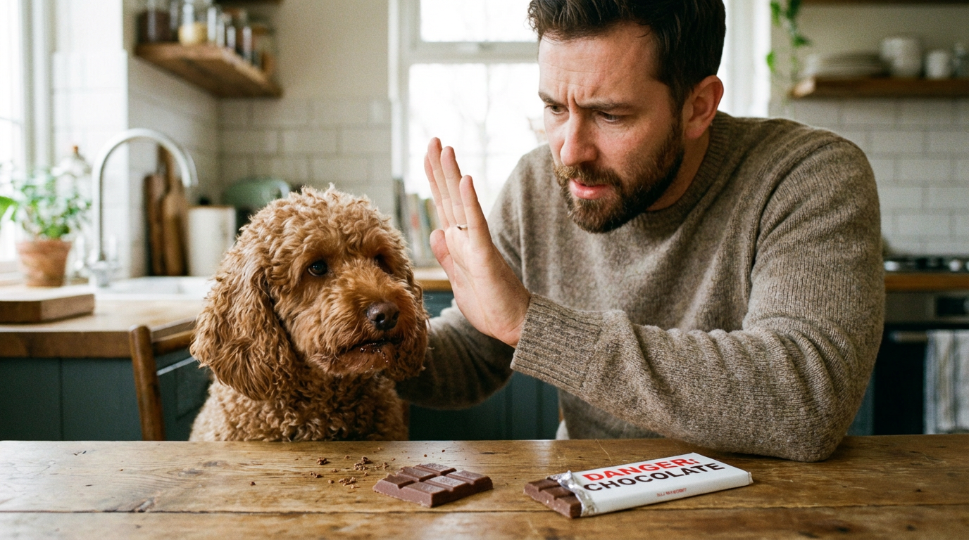 Хозяин запрещает собаке есть шоколад