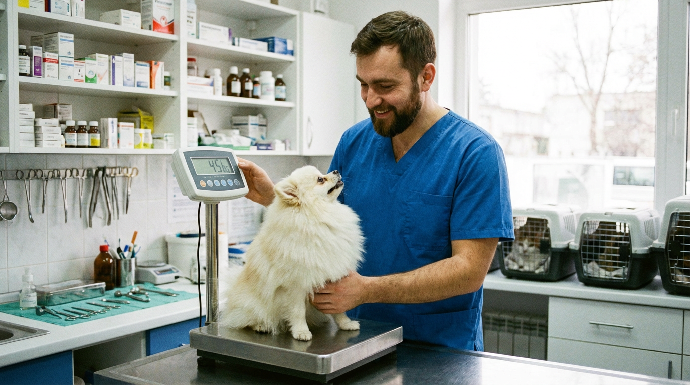 Ветеринар взвешивает белого шпица на весах