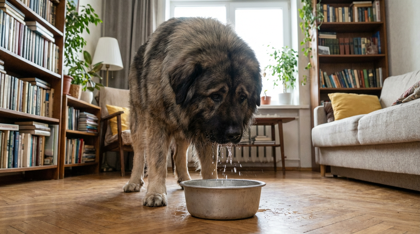 Кавказская овчарка пьет воду из алюминиевой миски