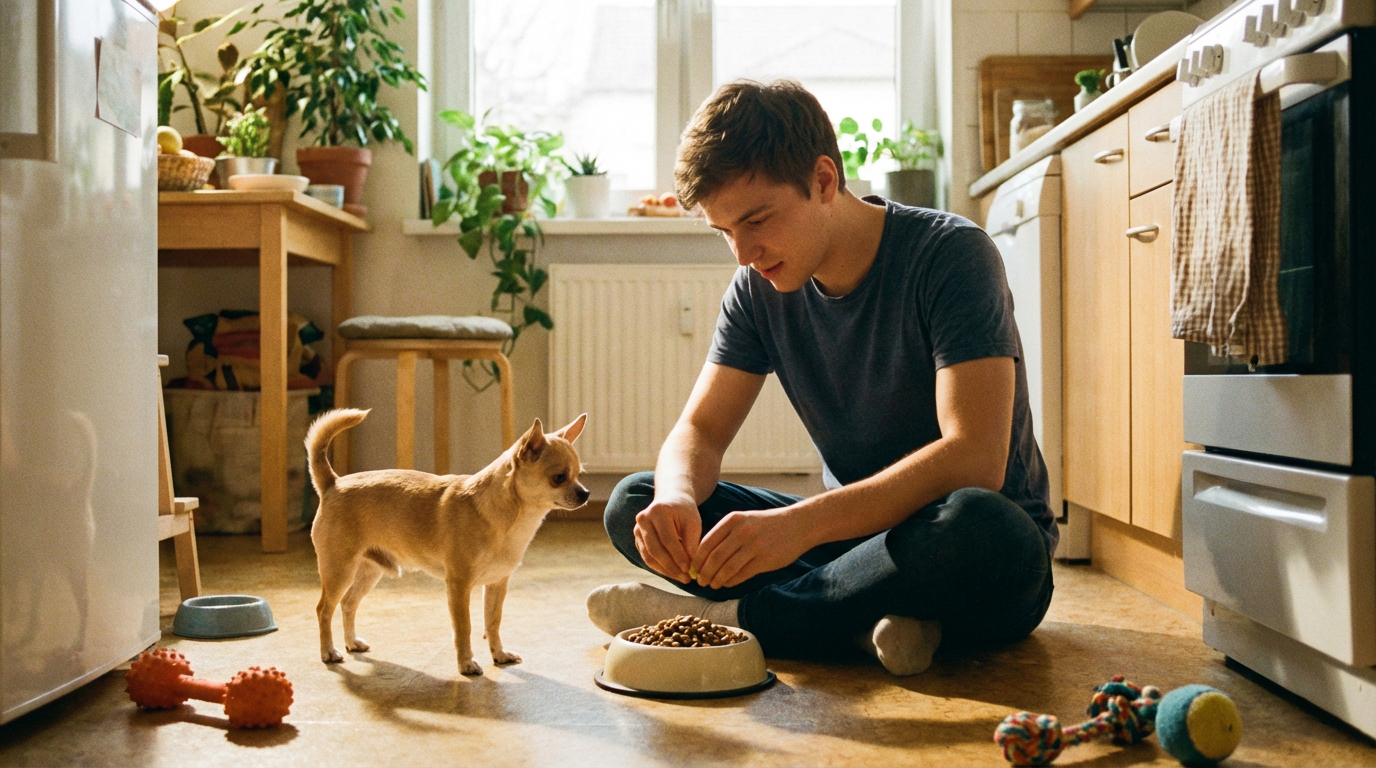 Хозяин крошит витамины в сухой корм для чихуахуа