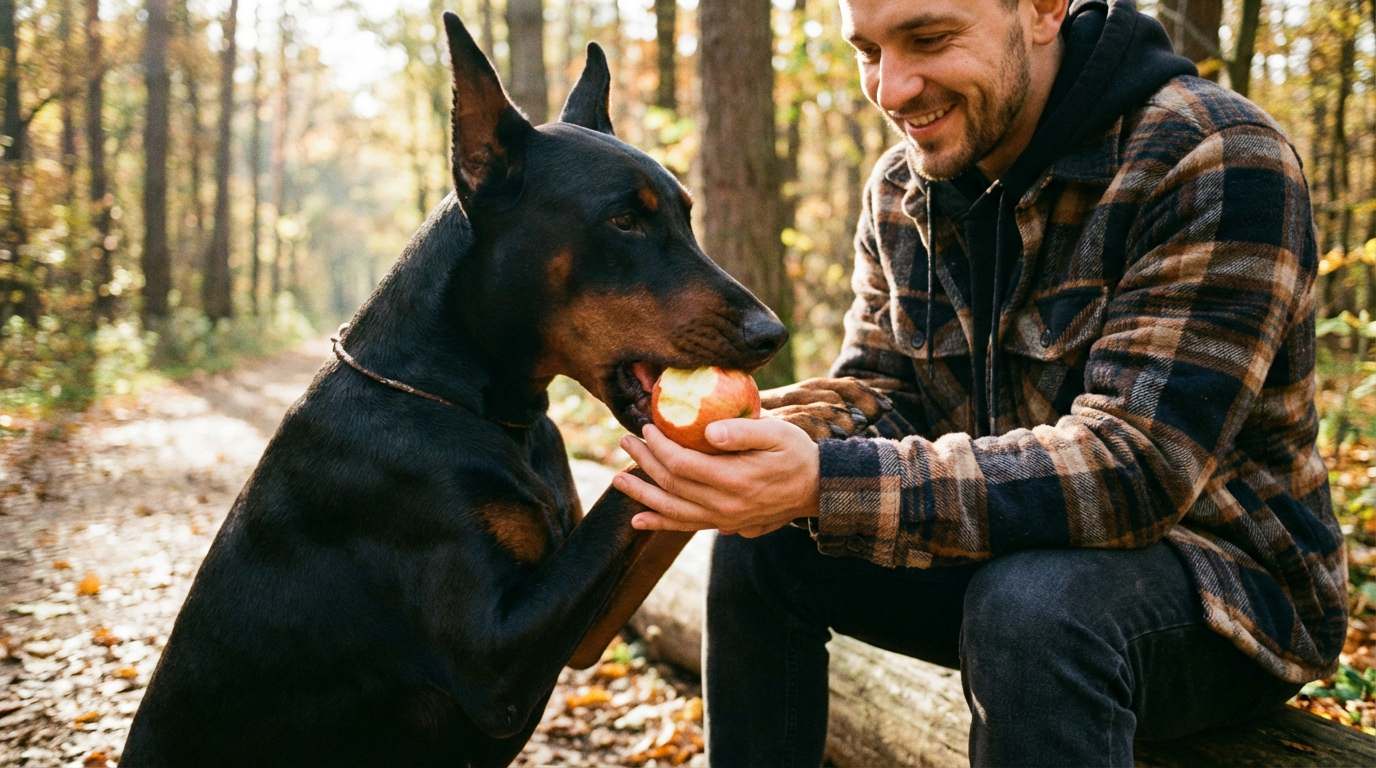 Доберман ест яблоко из рук хозяина
