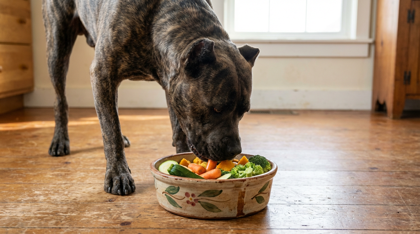 Кане-корсо ест из керамической миски овощи