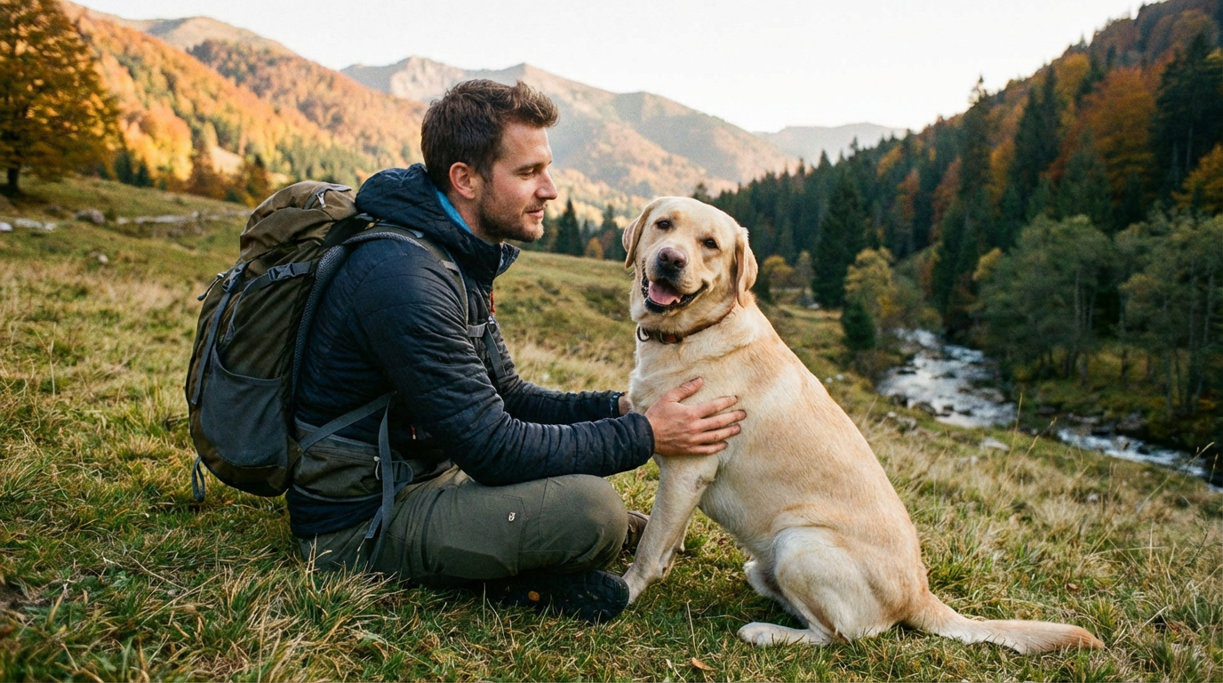Хозяин трогает за ребра лабрадора