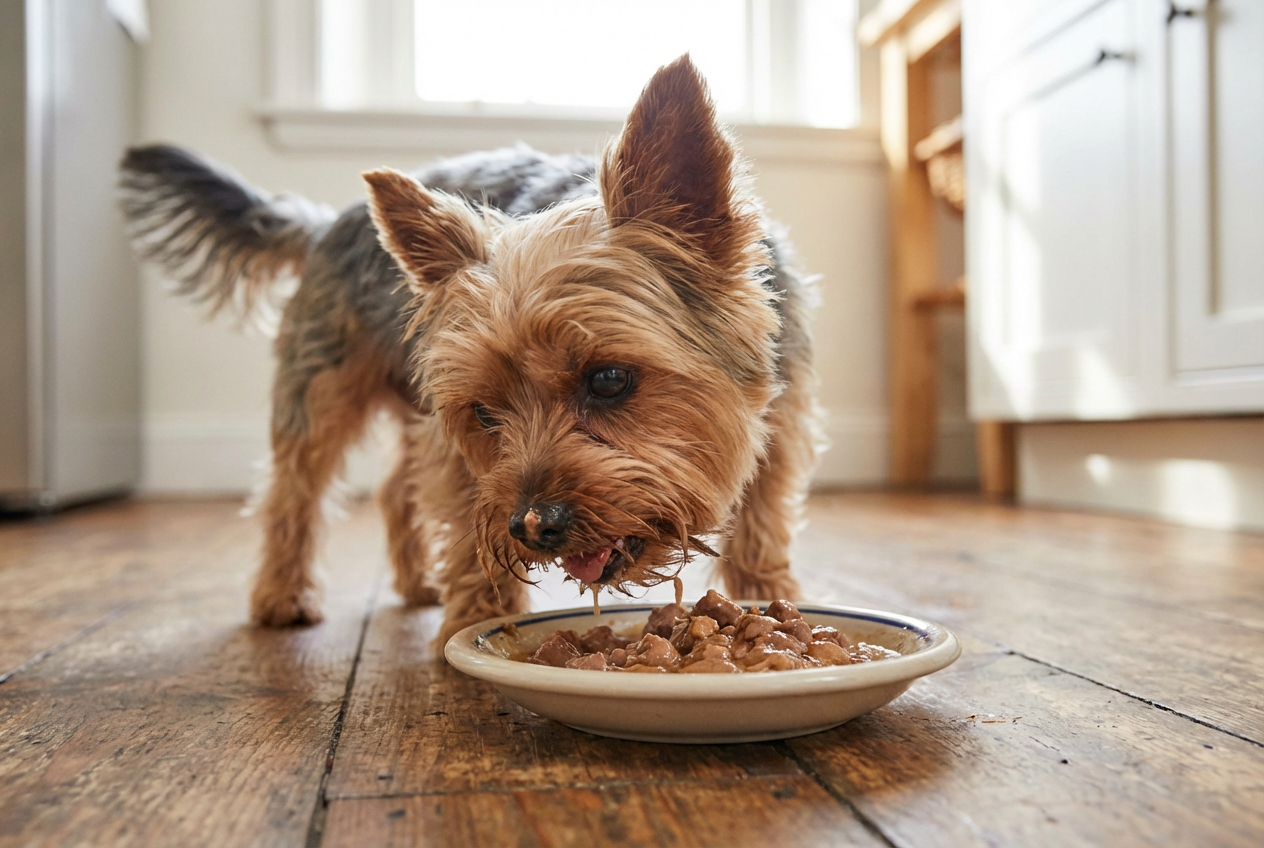 Йоркширский терьер ест влажный корм из маленькой миски