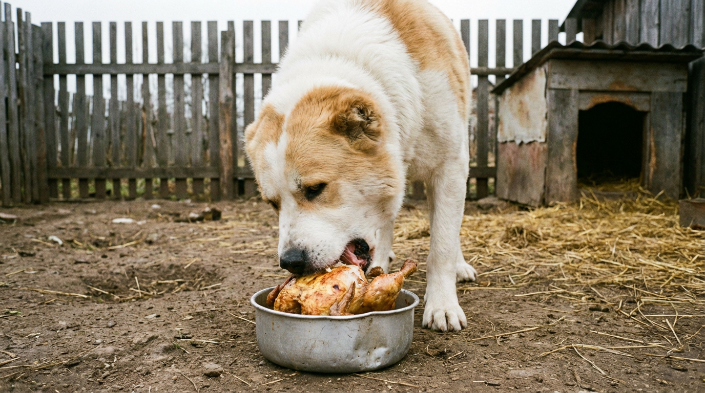 Алабай ест курицу из алюминиевой миски