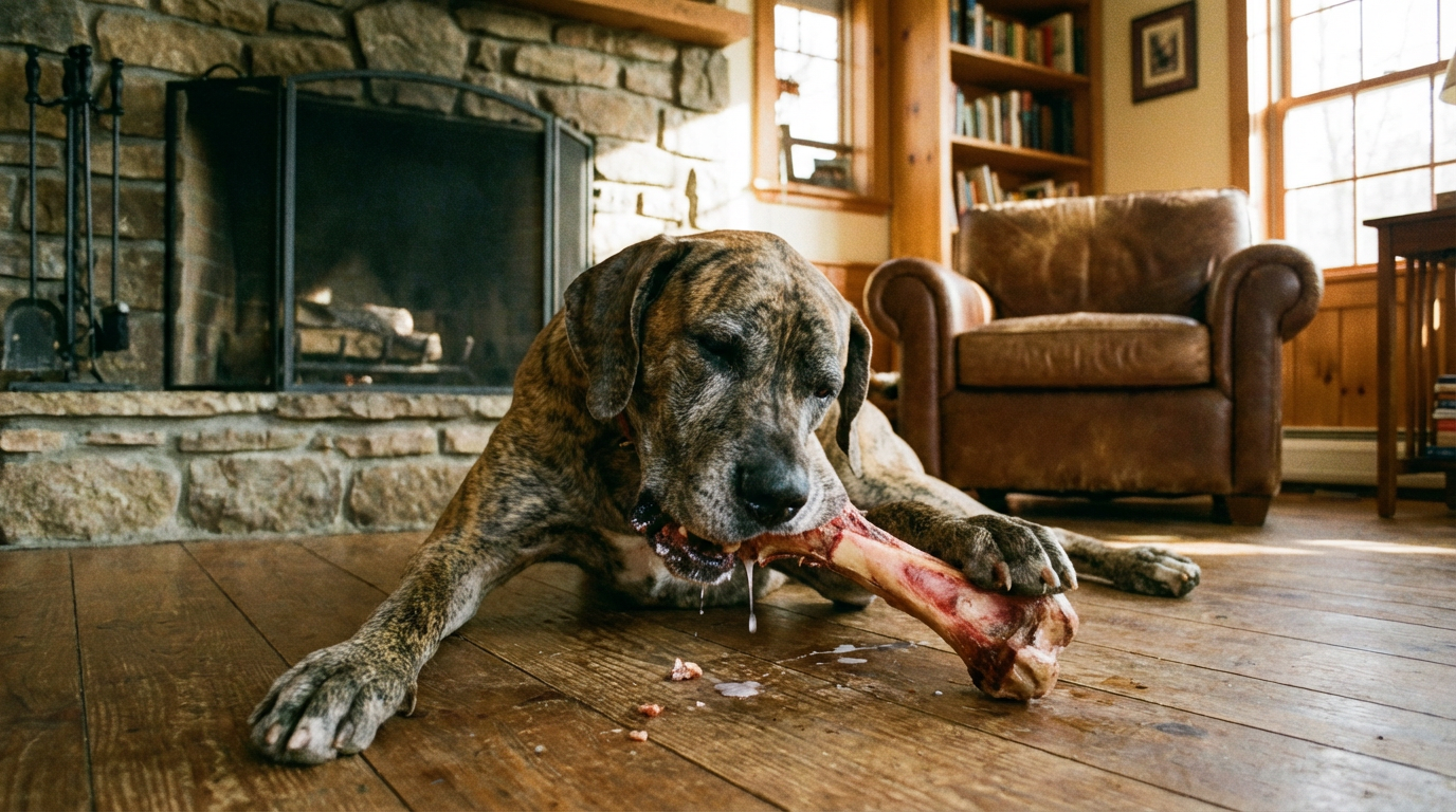 Немецкий дог грызет косточку