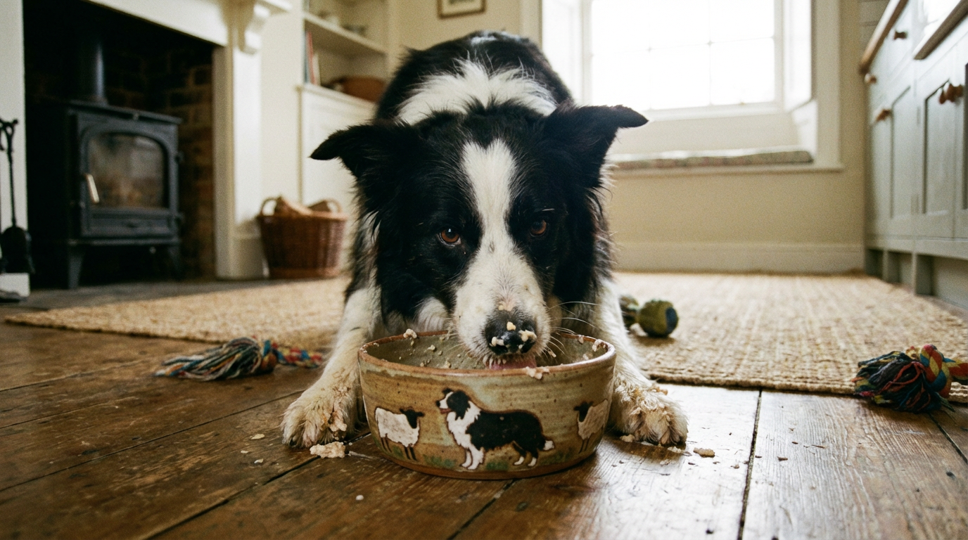 Бордер-колли ест кашу из керамической миски