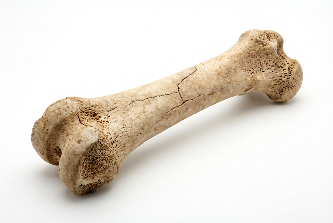 Трубчатая кость крупным планом на белом фоне &mdash; опасный тип костей для собак, способный раскалываться на острые осколки