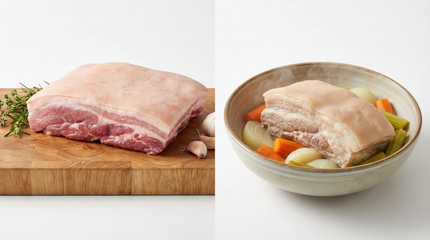 На белом фоне слева изображён сырой кусок свинины, справа приготовленный варёный кусок свинины