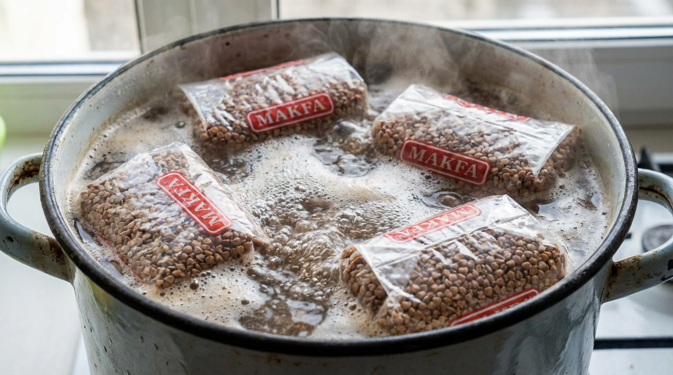 Крупный план: гречка варится в прозрачных пакетиках в кастрюле, вода кипит