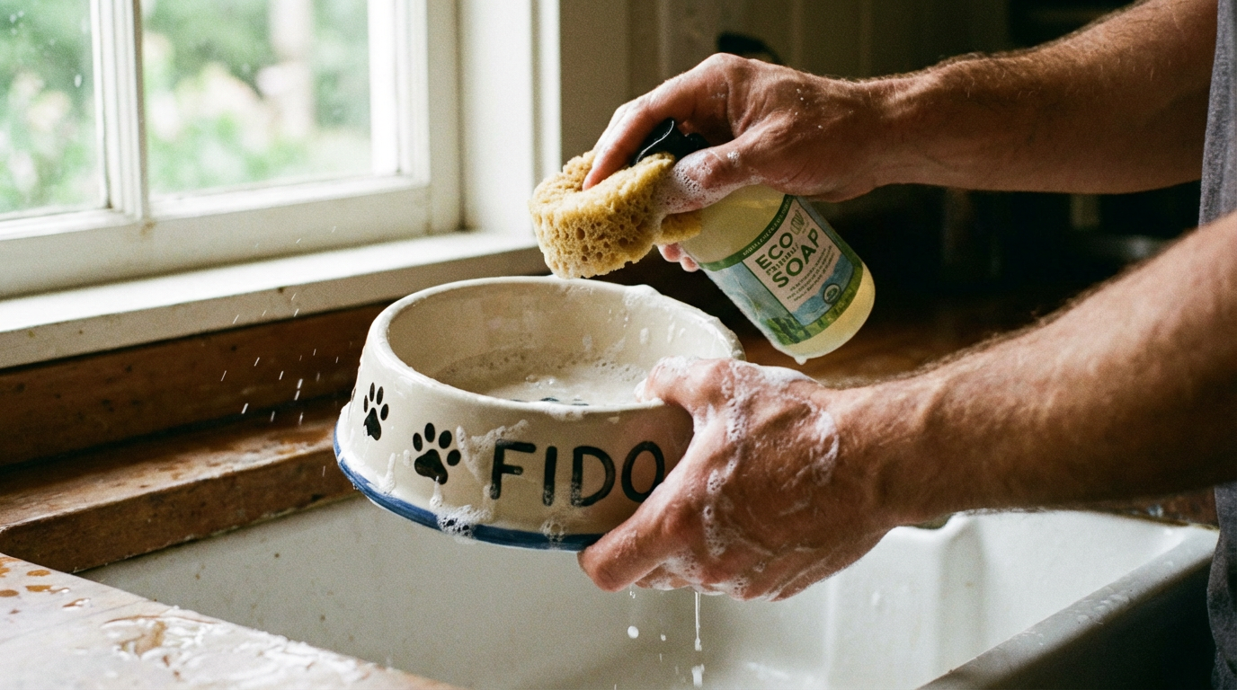 Мытьё керамической миски собаки губкой и чистящим средством