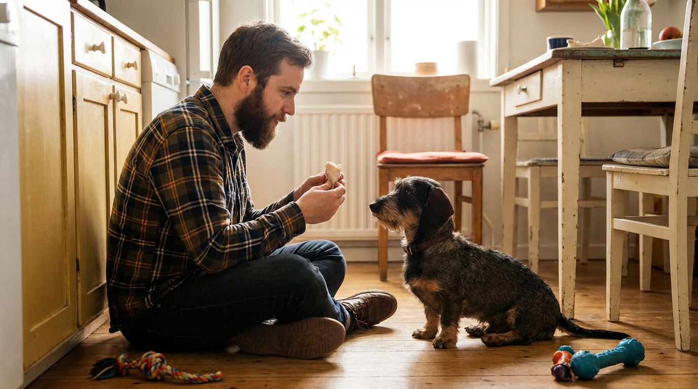 Такса сидит на полу по команде хозяина, который держит в руках маленький кусок варёной курицы