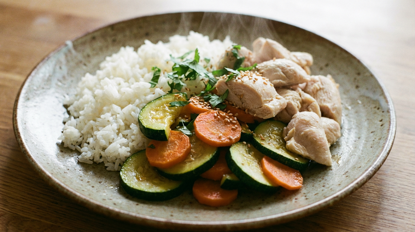 Тарелка с белым рисом, кабачком, морковью и варёной курицей