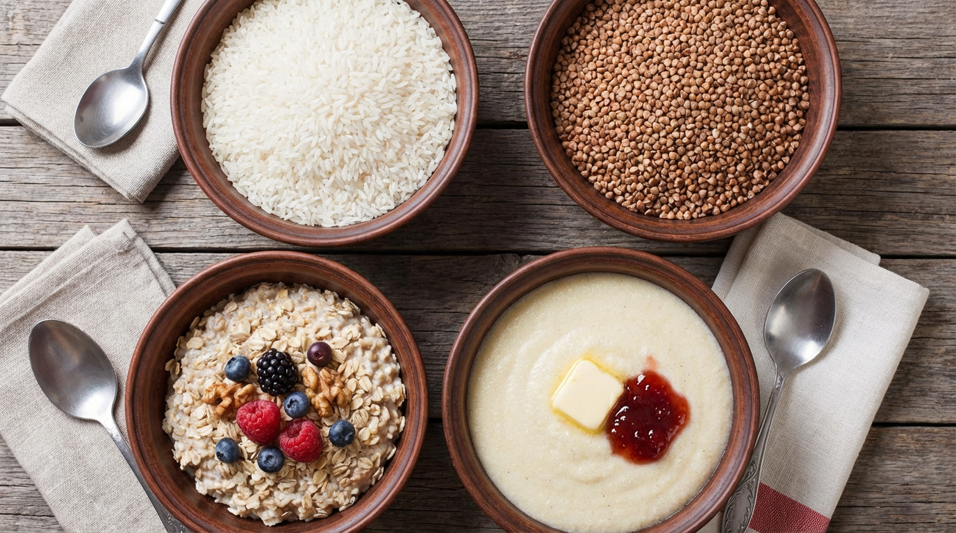 Снимок сверху: рис, гречка, овсянка и манка