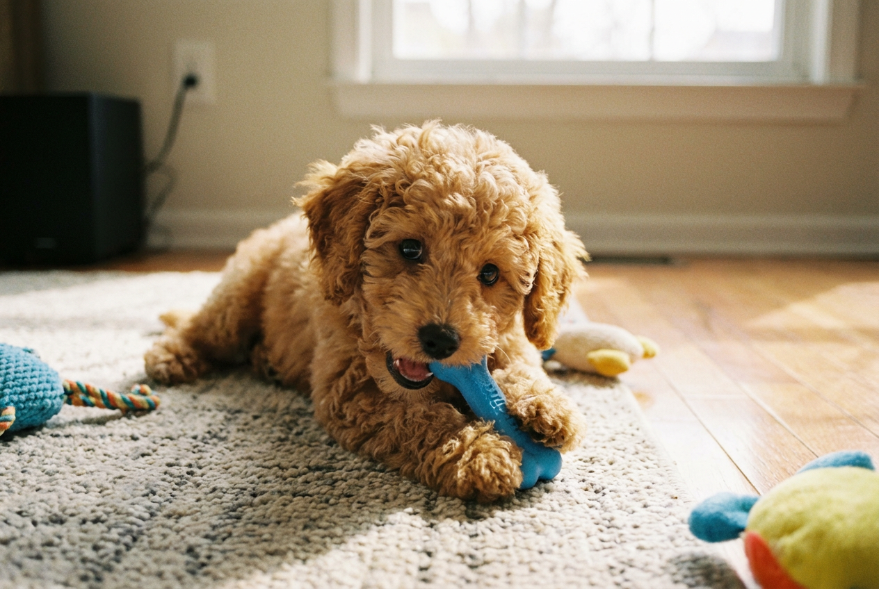 Щенок абрикосового карликового пуделя грызет маленькую резиновую синюю косточку &mdash; замена натуральной кости