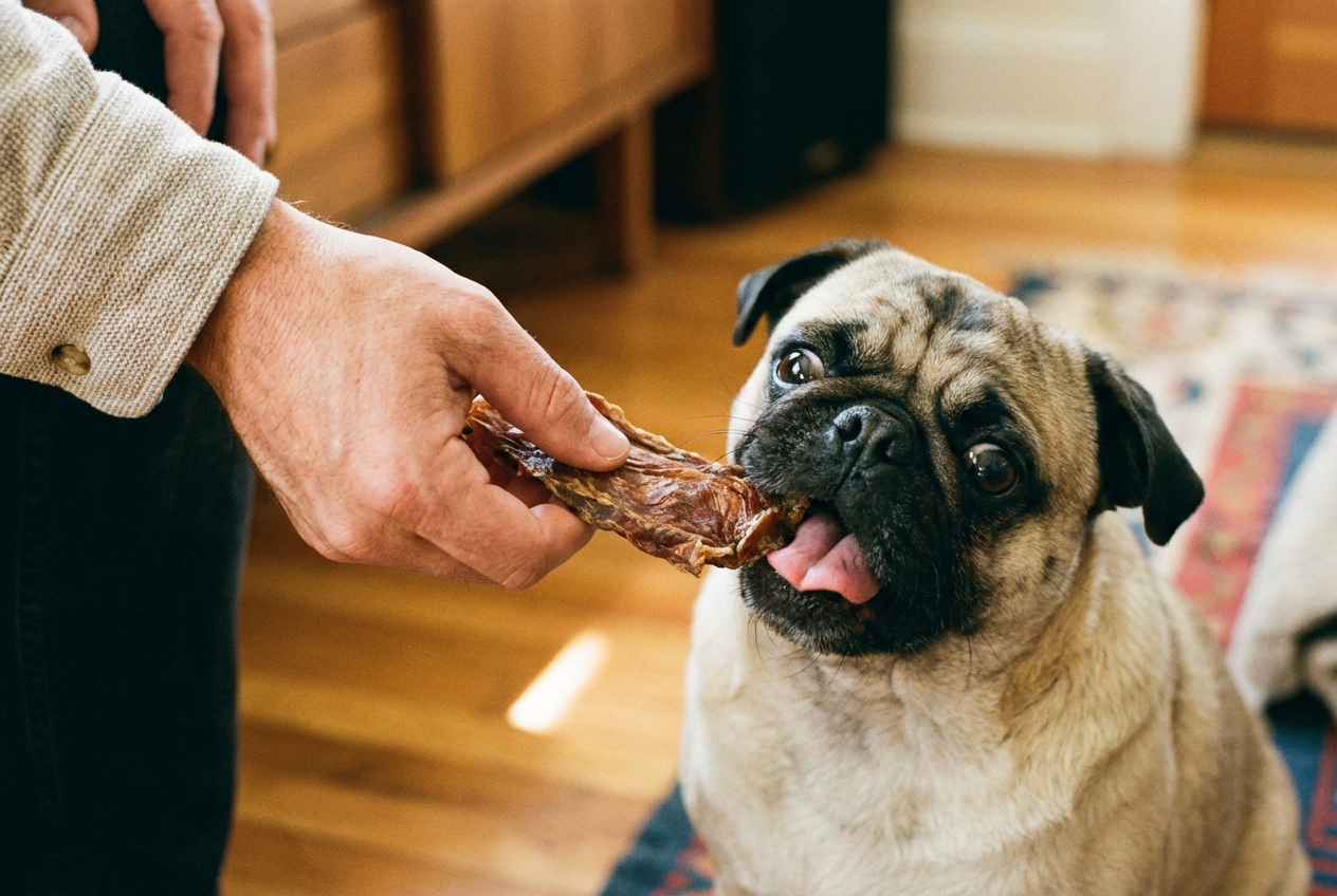 Хозяин дает мопсу сухое лакомство