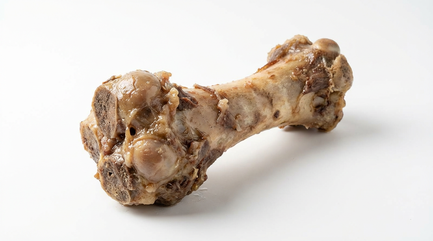 Варёная кость крупным планом на белом фоне &mdash; опасный продукт для собак, так как после варки кость становится хрупкой