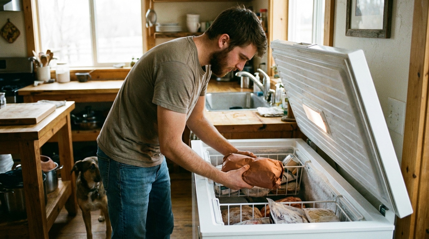 Парень кладет сырой кусок мяса в морозильную камеру для заморозки
