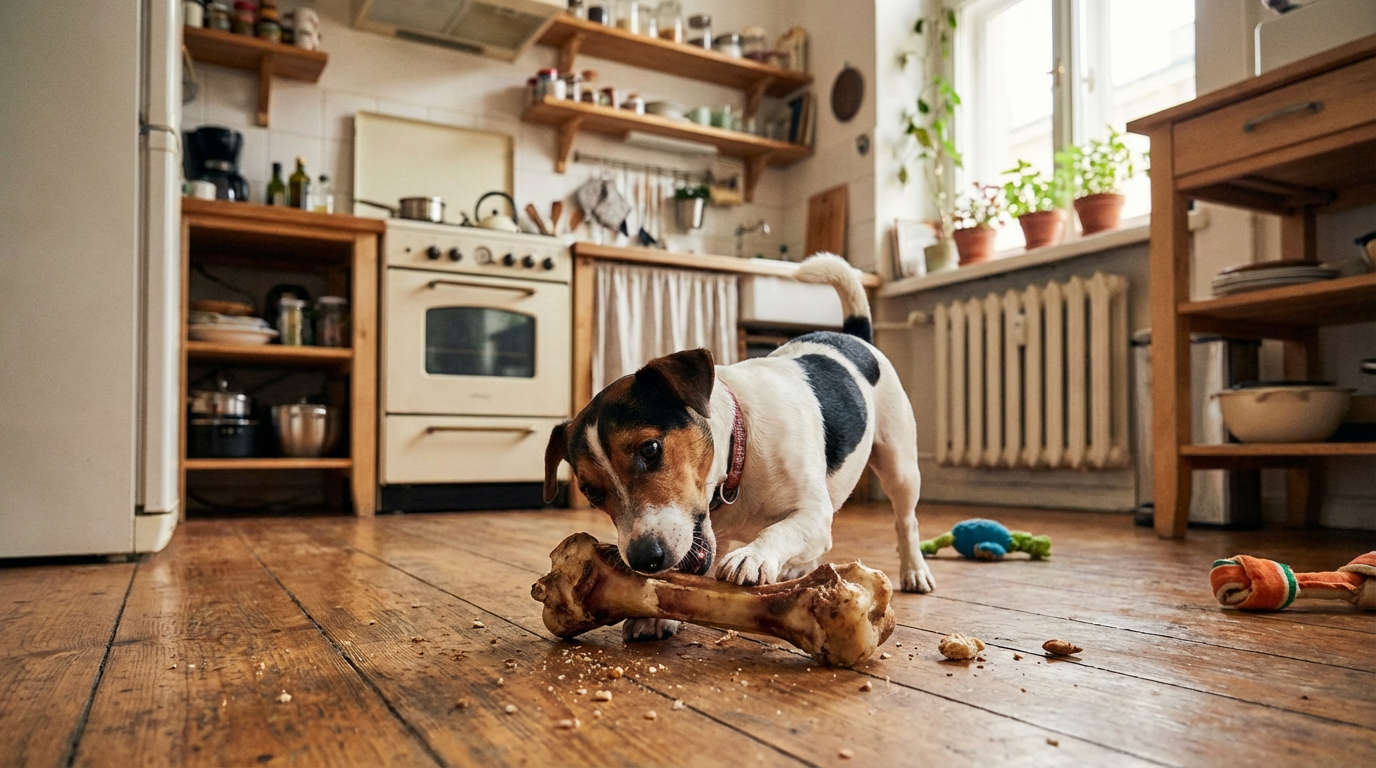 Джек-рассел-терьер грызет кость в квартире на кухне