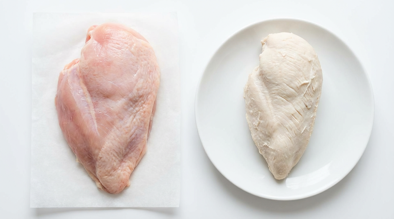 На белом фоне слева изображён сырой кусок курицы, справа приготовленный варёный кусок курицы